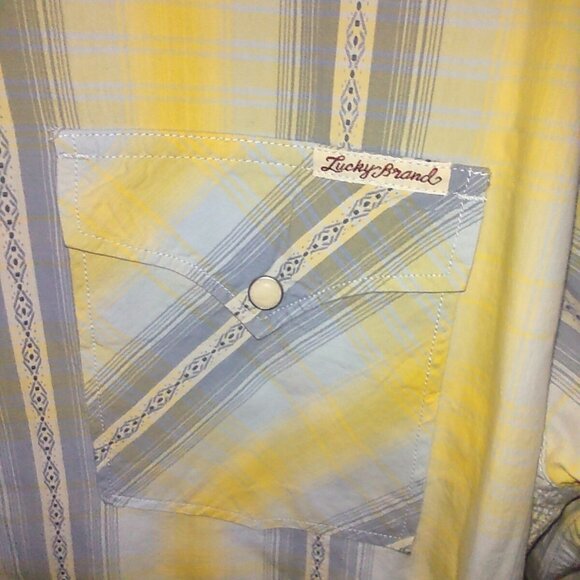 Lucky Brand Men's XXL Western Shirt Pearl Snap Long Sleeve Yellow & Blue Plaid - Picture 7 of 8